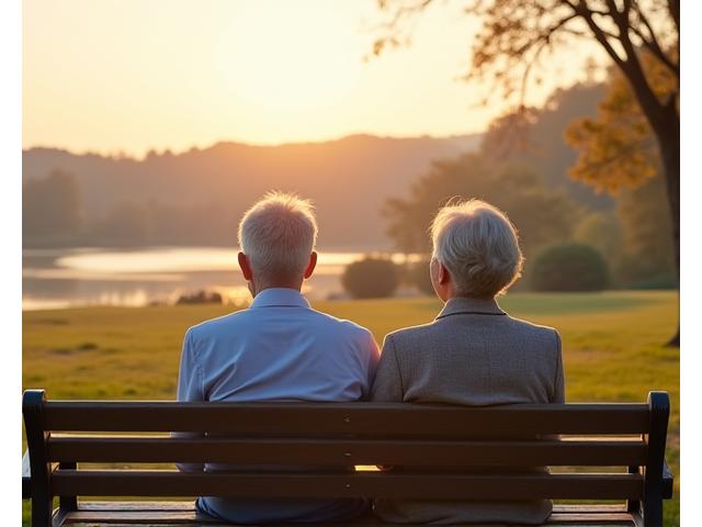 Ein älteres Paar lacht entspannt auf einer Bank, mit Blick auf eine malerische Landschaft, symbolisiert finanziellen Frieden im Ruhestand.