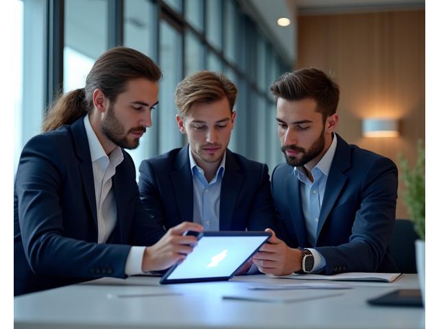 Team von Fachleuten bei der Arbeit in einem modernen Büro, das Sicherheitsprotokolle bespricht.