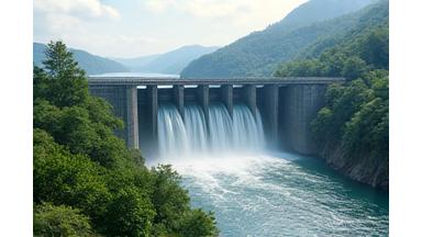 Wasserkraftwerk in einer Flusslandschaft