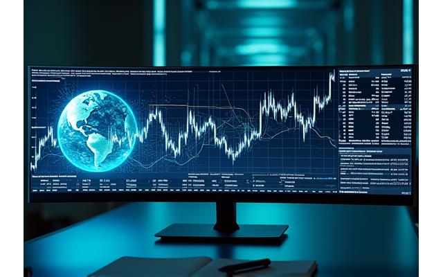 Finanzmarkt-Chart auf einem Bildschirm mit globaler Karte im Hintergrund.
