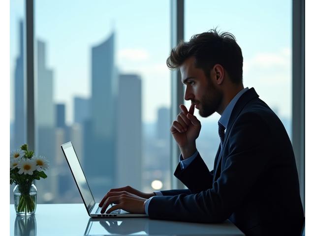 Junger Unternehmer in einem modernen Bürogebäude mit Blick auf die Düsseldorfer Skyline, der konzentriert an einem Laptop arbeitet.