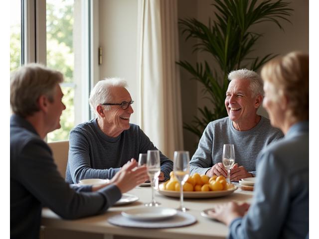 Eine Mehrgenerationenfamilie lacht und unterhält sich vertrauensvoll; symbolisiert Nachlassplanung.