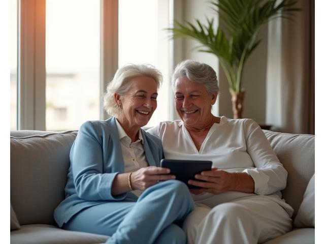 Porträt eines lächelnden, vermögenden Paares, das gemeinsam auf ein Tablet schaut und Finanzdaten bespricht.