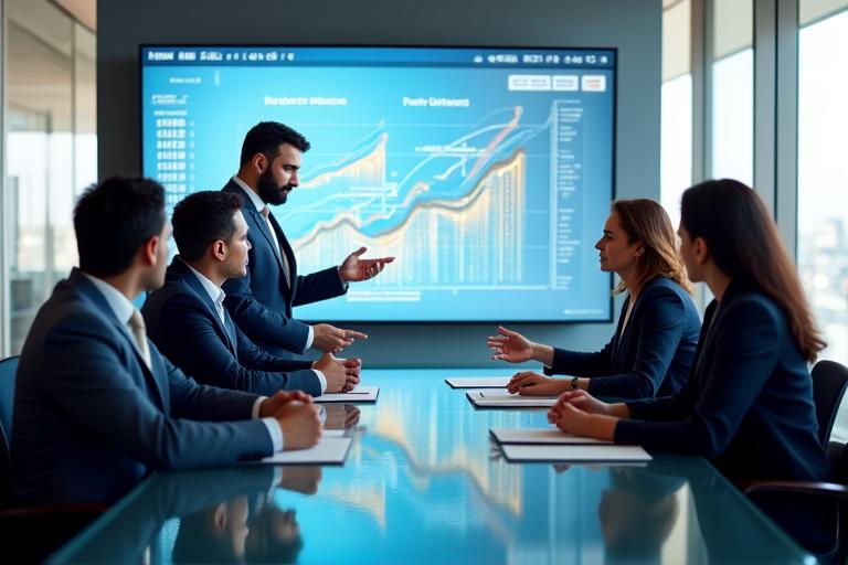 Ein geschäftiges Meetingzimmer mit Geschäftsleuten, die an einer strategischen Tafel diskutieren, symbolisiert Wachstum und Planung.