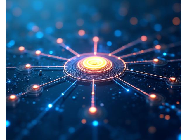 Abstrakte Darstellung von vernetzten digitalen Schilden und Datenströmen, die innovative Risikomanagement-Technologien symbolisieren.