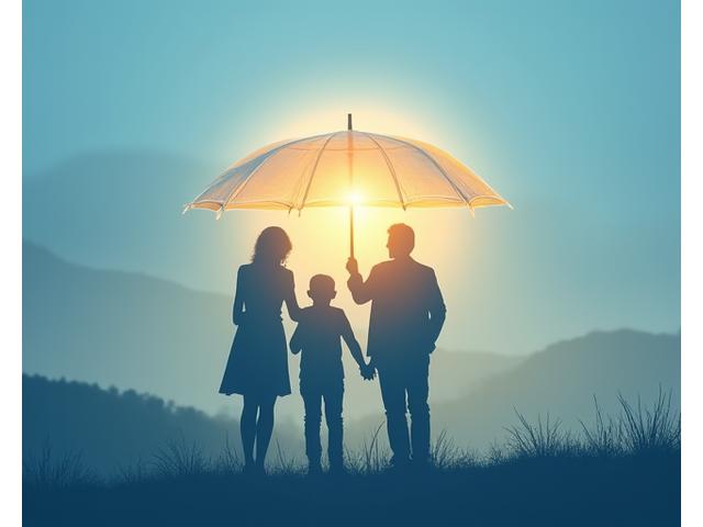 Eine Familie steht unter einem abstrakten, schützenden Schirm, der das Konzept des Versicherungsschutzes symbolisiert, umgeben von einem sicheren Umfeld. Die Farben sind Blau, Gelb und Weiß.