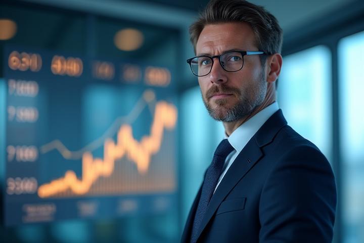 Grafik: Finanzexperte erläutert Wachstumsstrategien vor einem Bildschirm mit Finanzcharts und Pfeilen nach oben, Symbol für Wissenszuwachs und Anlageerfolg.