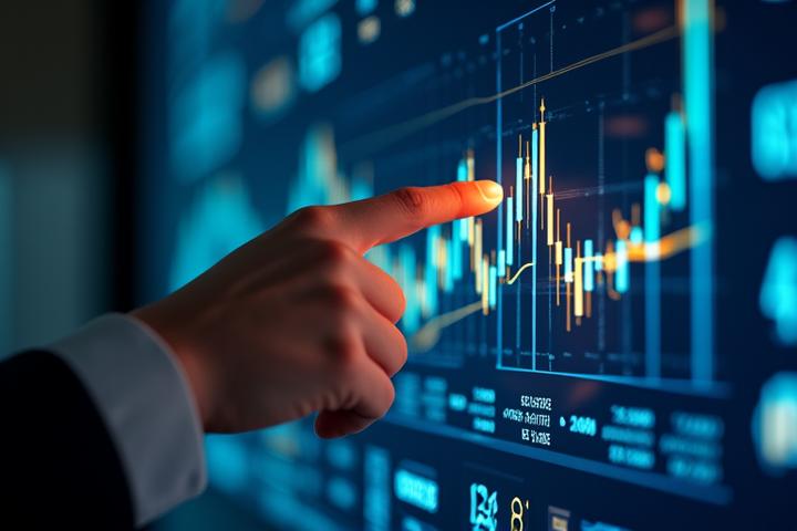 Grafik: Digitale Finanzcharts mit aufsteigenden Linien und Candlesticks, die Markttrends und Datenanalyse symbolisieren.