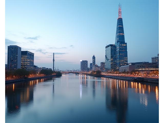 Blick auf den Düsseldorfer Rheinturm und die MedienHafen-Architektur bei Sonnenuntergang.