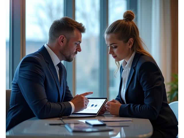 Ein professioneller Vermögensverwalter im persönlichen Gespräch mit einem Privatkunden, der eine digitale Finanzprognose auf einem Tablet betrachtet.